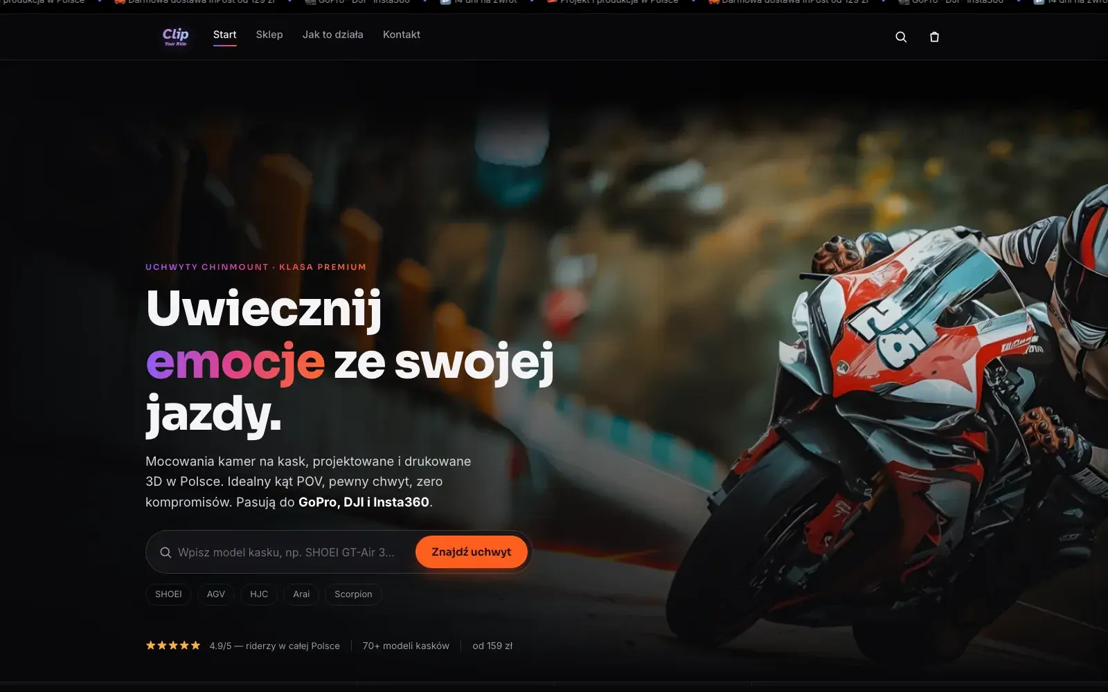 Hero ze sprawdzeniem modelu kasku — pierwsza rzecz na stronie.