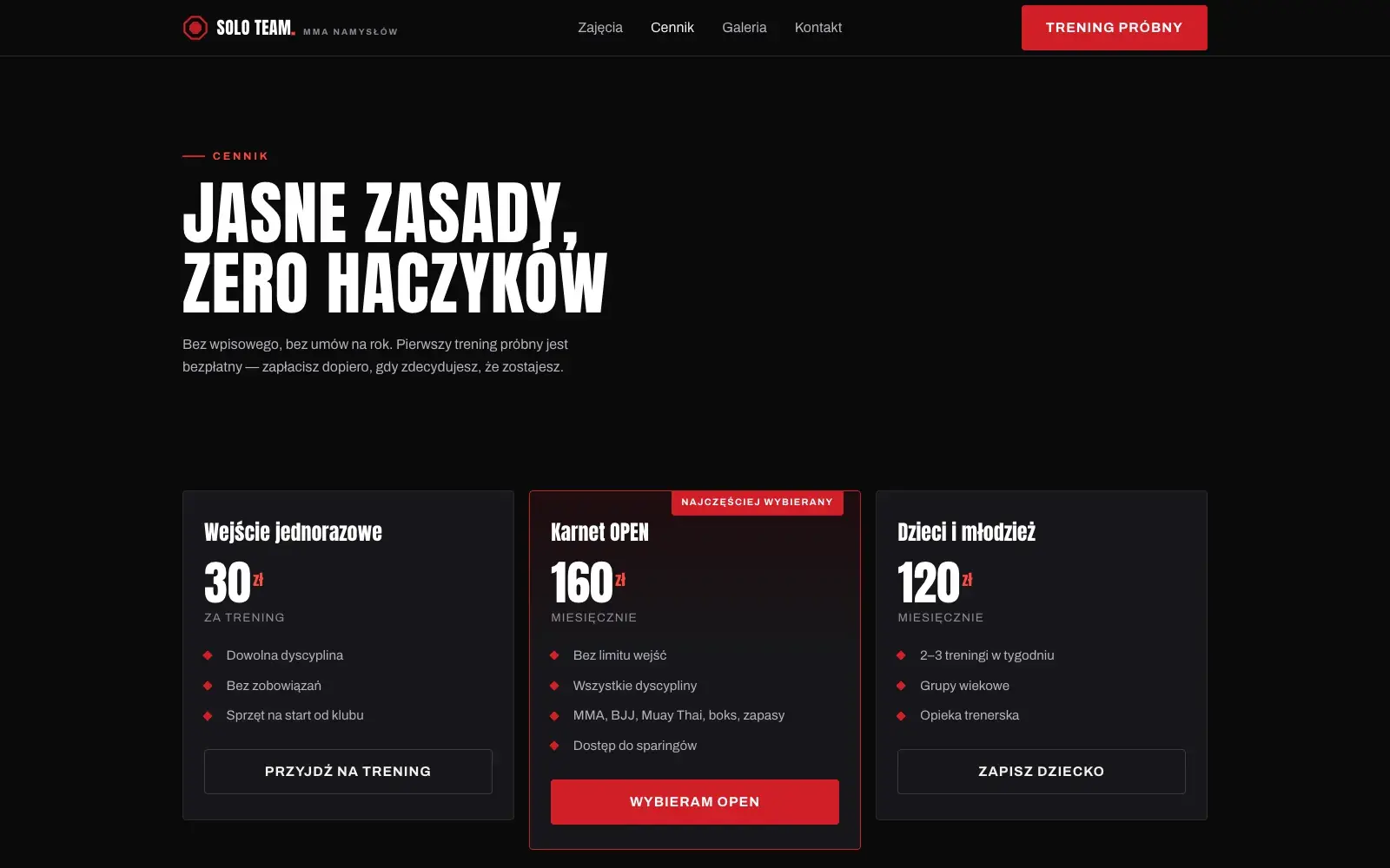 Cennik — karnety bez gwiazdek i bez dzwonienia po wycenę.