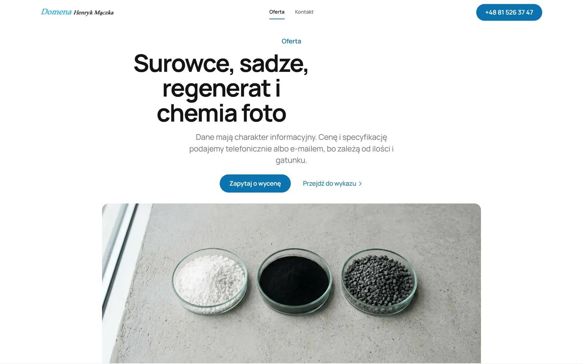Oferta: pięć grup surowców z wyszukiwarką.