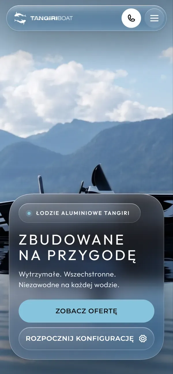 Telefon: hero ze szklaną kartą i przyciskiem do konfiguratora.